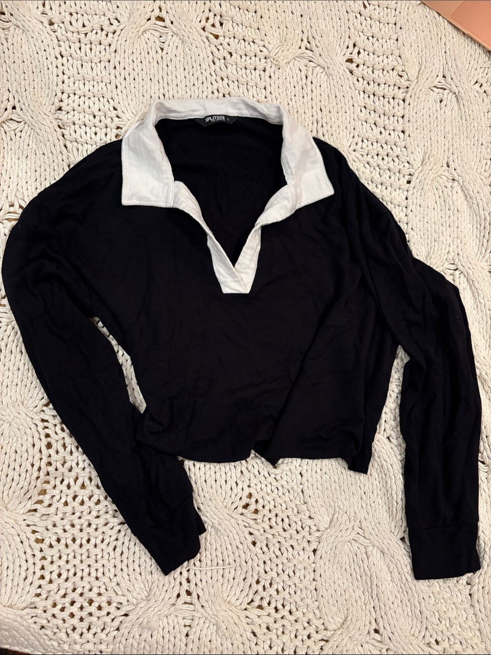 Splits59.  Black Long-Sleeve Polo Top with White Collar